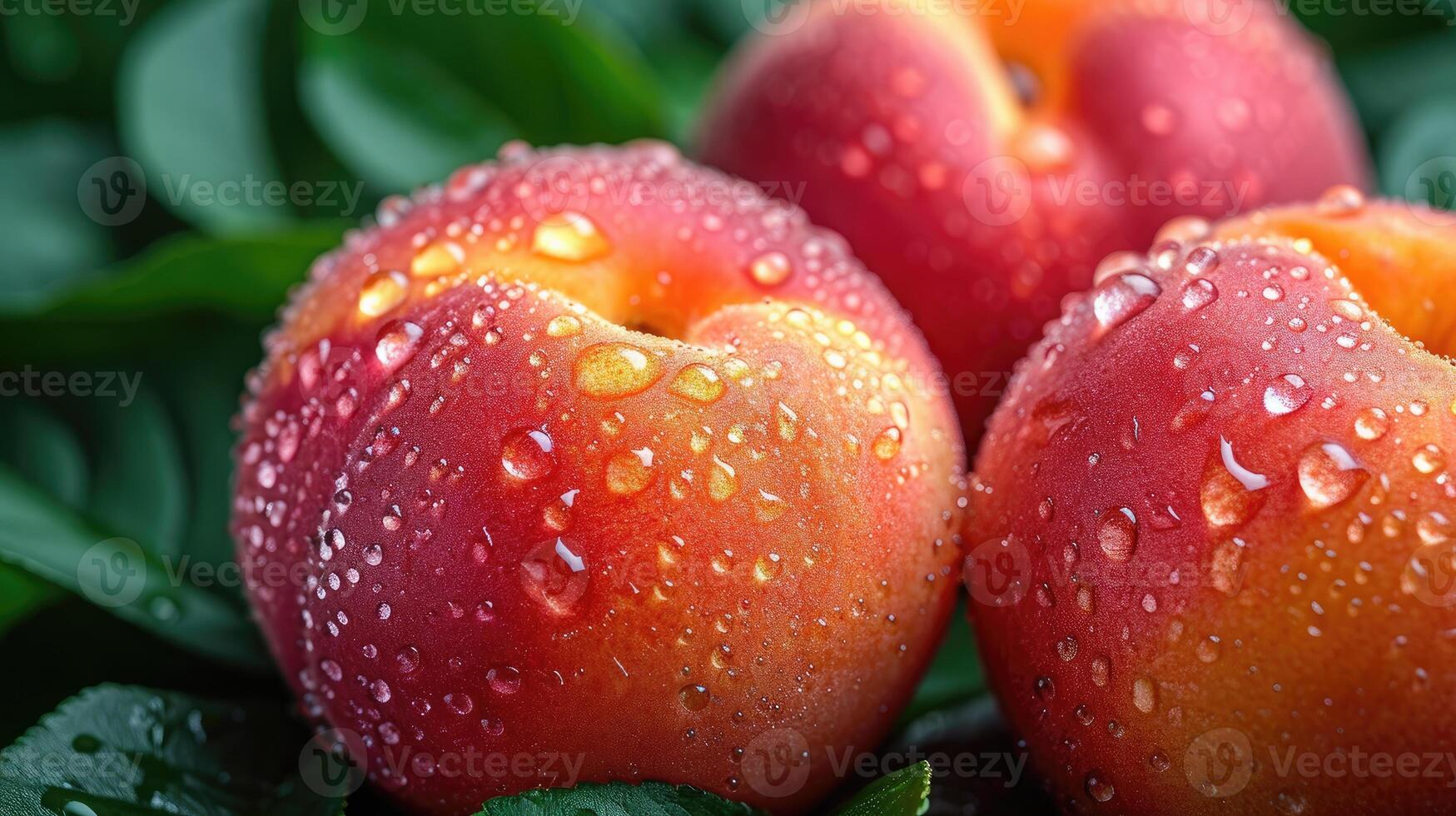 ai gegenereerd vers perziken met water druppels achtergrond. foto