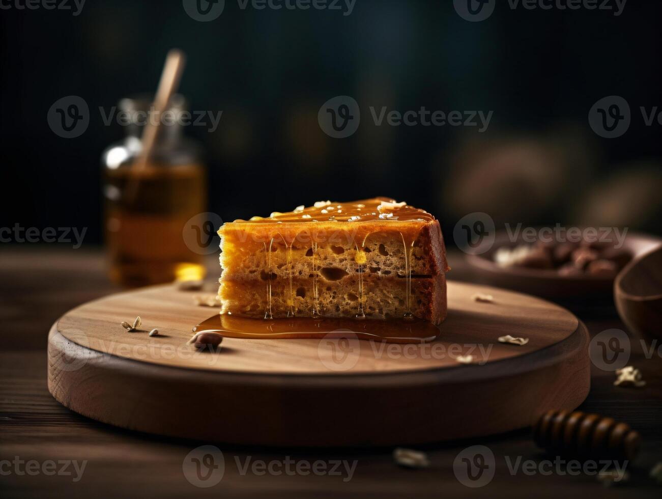 ai gegenereerd een stuk van lekker biscuit honing taart Aan houten achtergrond. laag sleutel voedsel foto. generatief ai. hoog kwaliteit illustratie foto