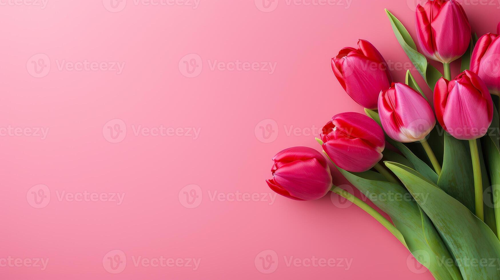 ai gegenereerd roze achtergrond met tulpen. vrij ruimte voor tekst foto