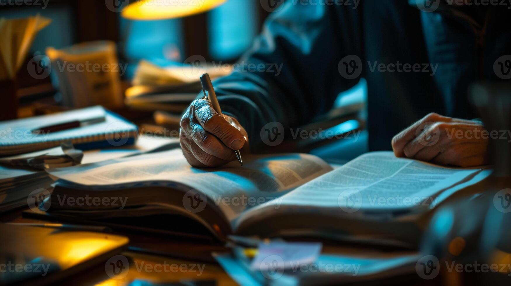 ai gegenereerd een Mens werken Aan belastingen leerboek onder de warm licht begrip belasting systeem foto