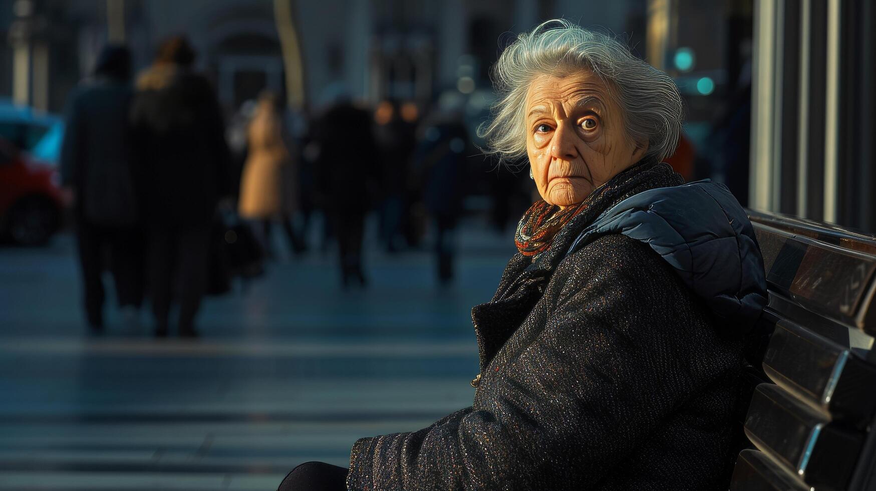 ai gegenereerd veroudering maatschappij een oud vrouw zittend Aan een bank in een stad plein drukte en drukte van modern leven foto