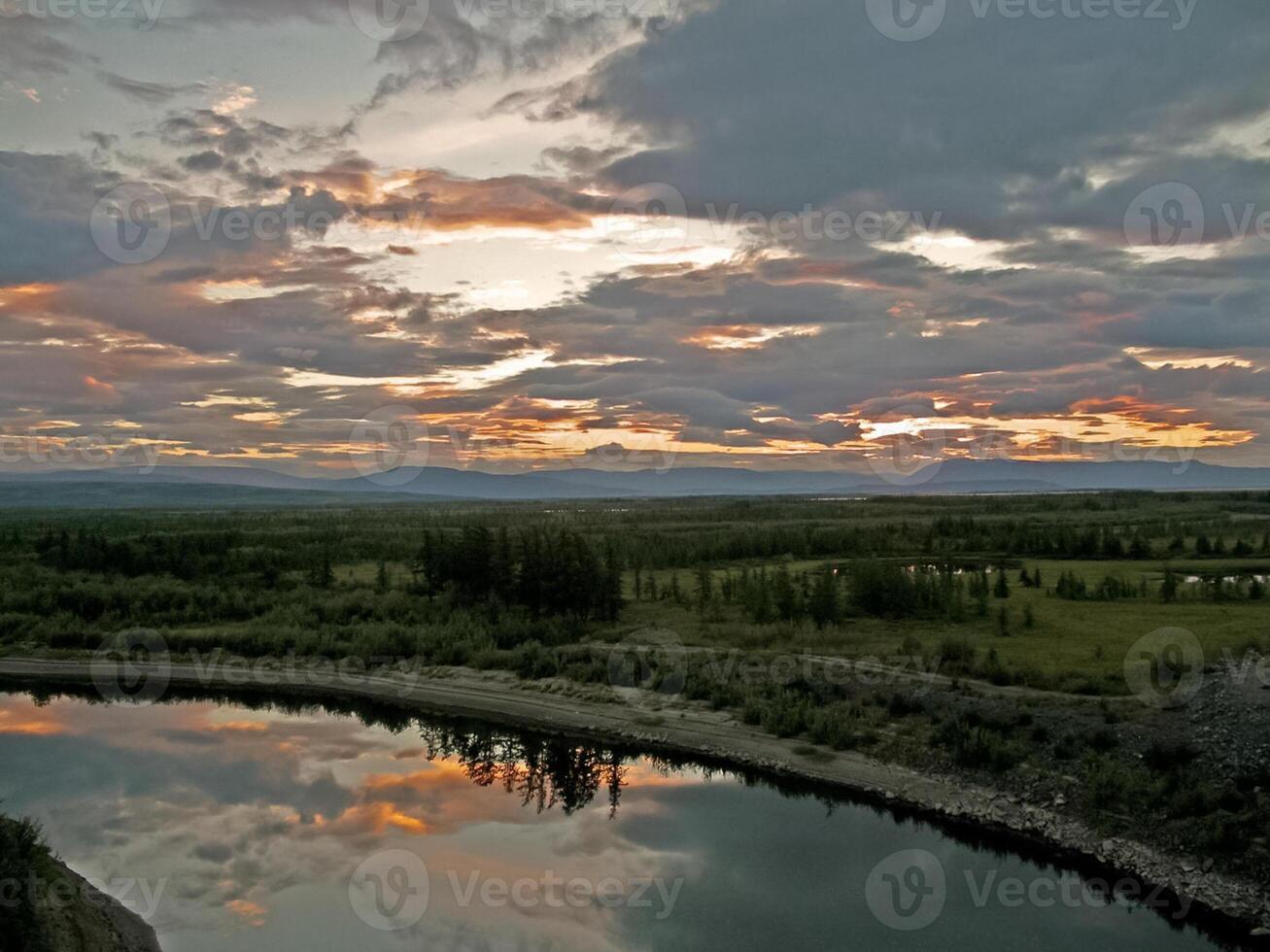 rivier- landschap. noordelijk rendier in zomer Woud. de lucht, gr foto