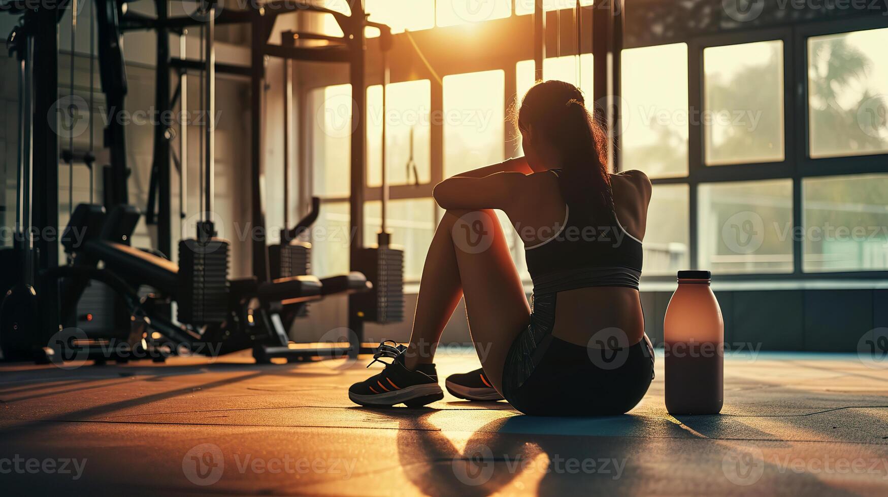 ai gegenereerd geschiktheid en ontspanning, sport vrouw resting na training foto