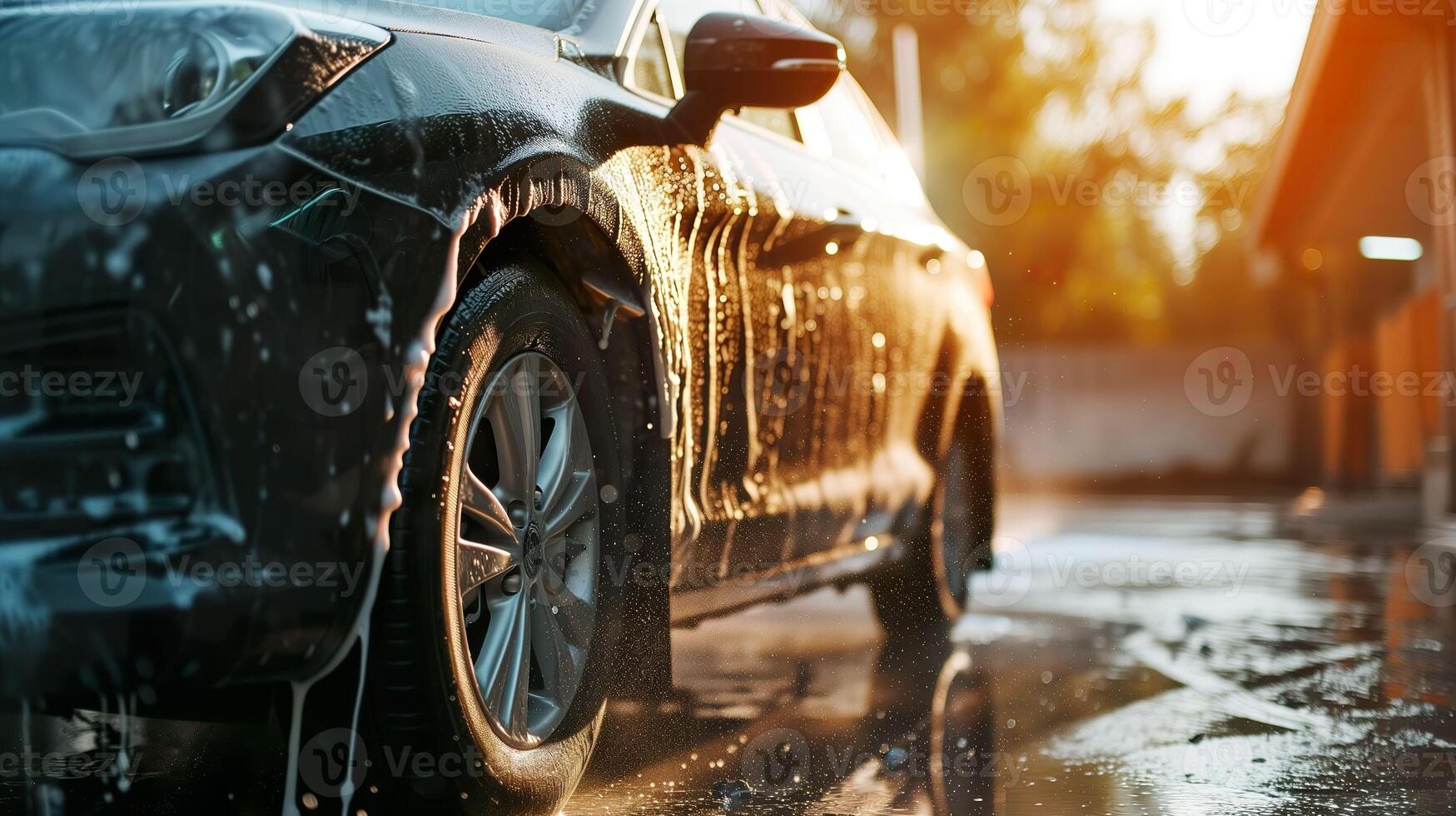 ai gegenereerd auto spa beleven, doeltreffend auto wassen met schuim en water foto