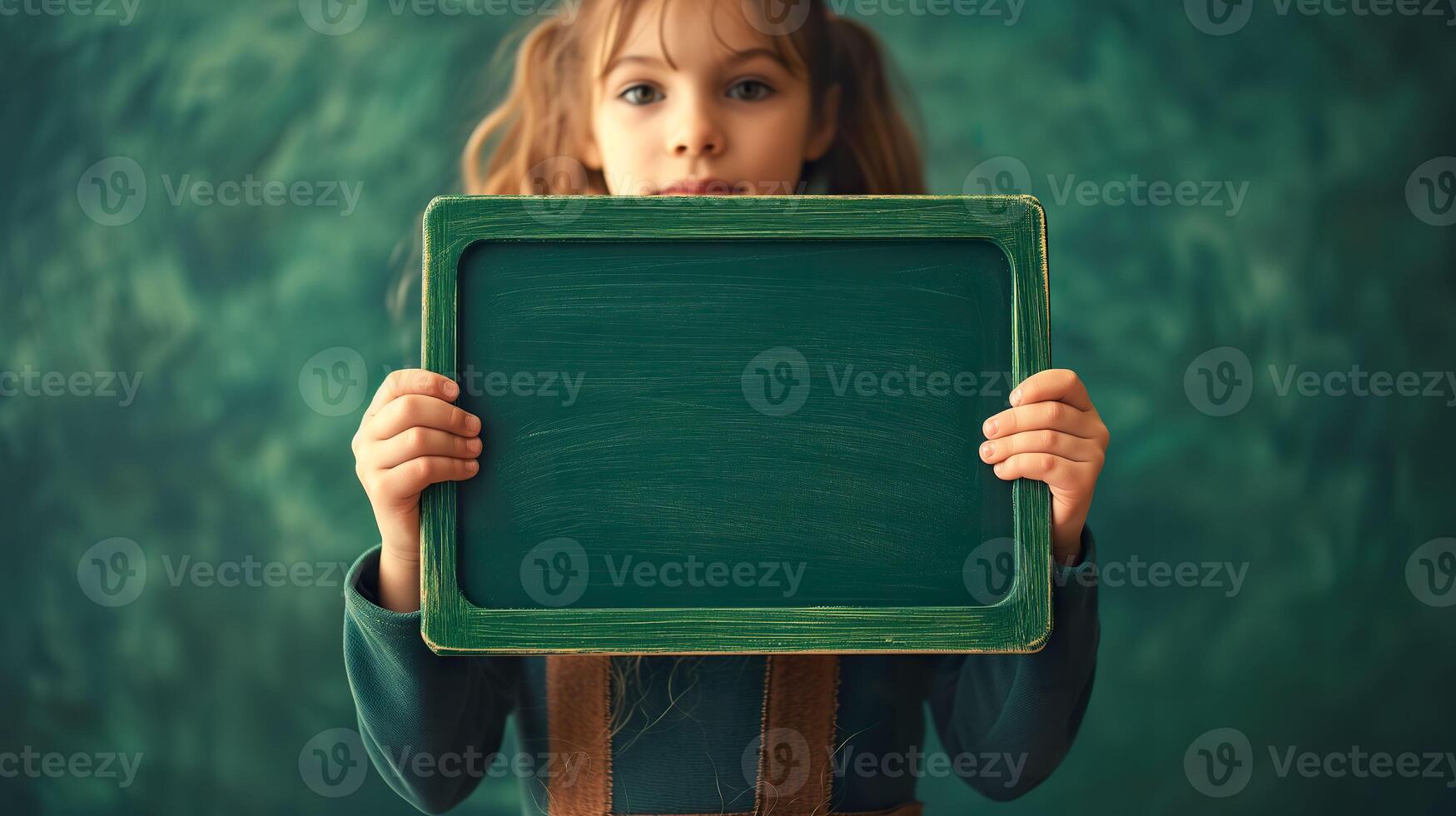 ai gegenereerd meisje Holding blanco groen schoolbord Aan groen achtergrond foto