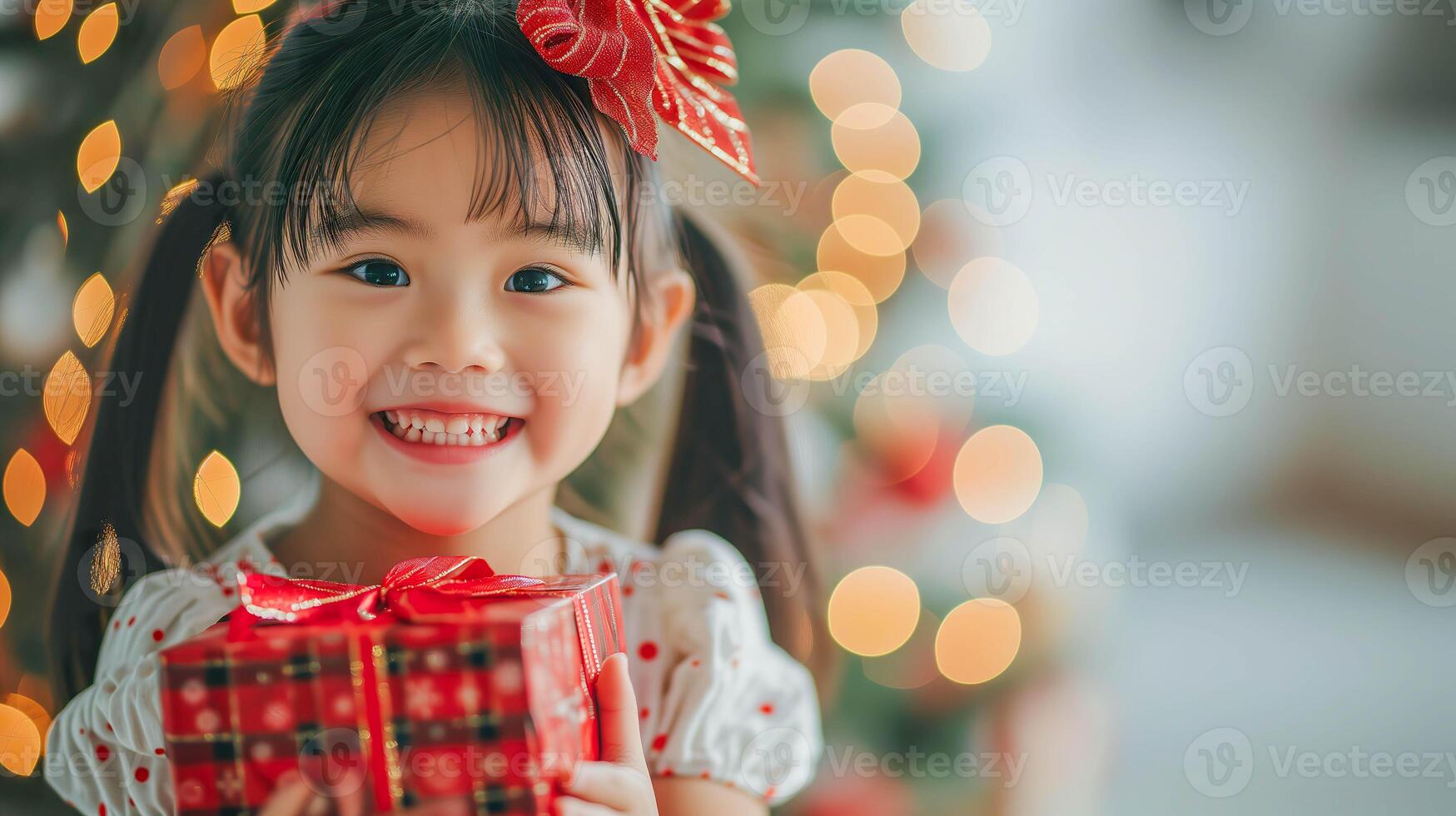 ai gegenereerd weinig meisje met blij glimlach Holding rood geschenk doos, vakantie viering foto