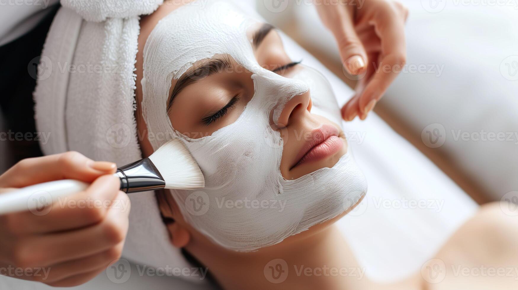 ai gegenereerd schoonheid spa vreugde, gelaats behandeling met pellen masker door geschoold schoonheidsspecialist foto