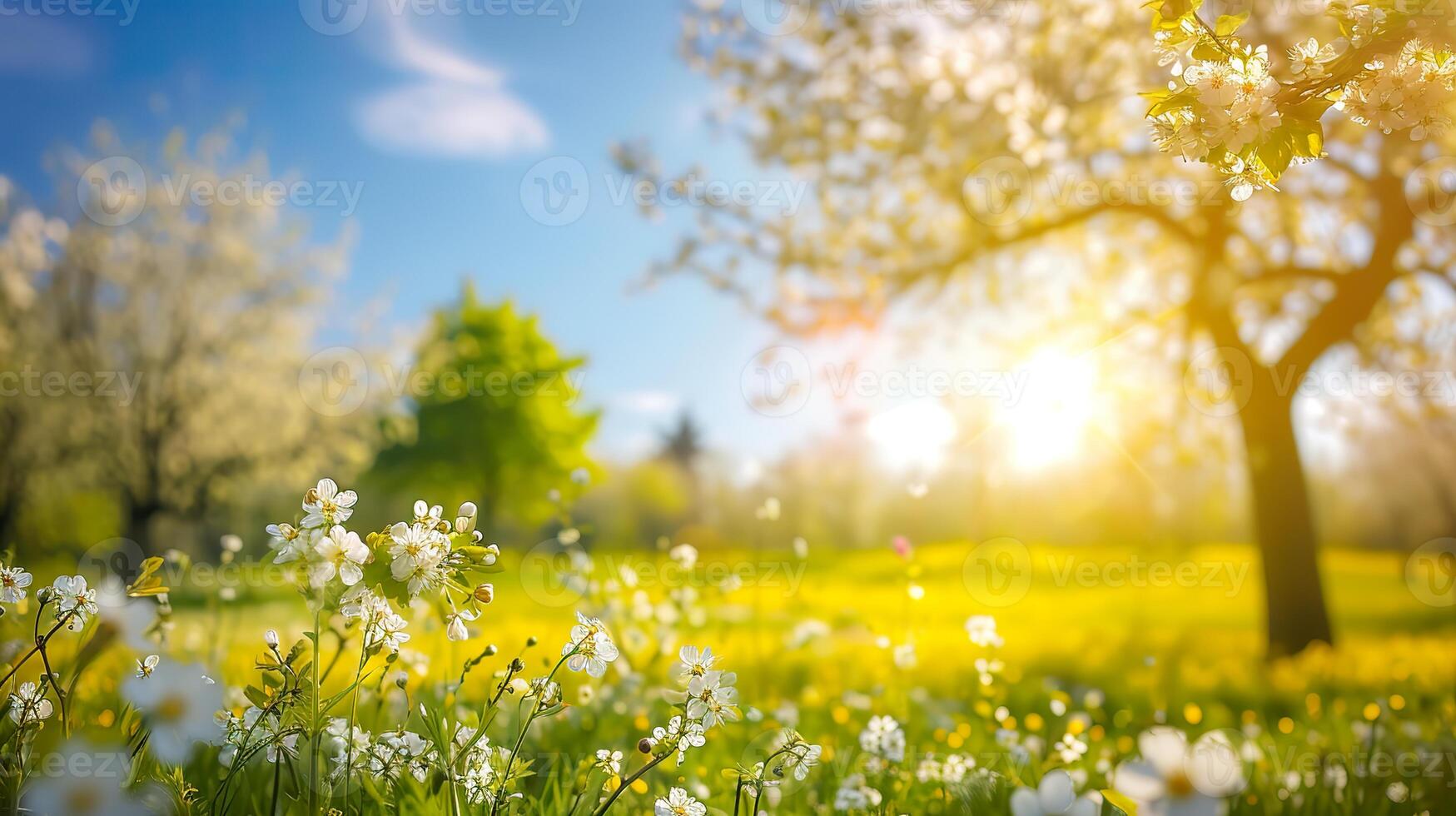 ai gegenereerd zonnig dag in natuur, wazig voorjaar achtergrond met bloeiend bomen en blauw lucht foto
