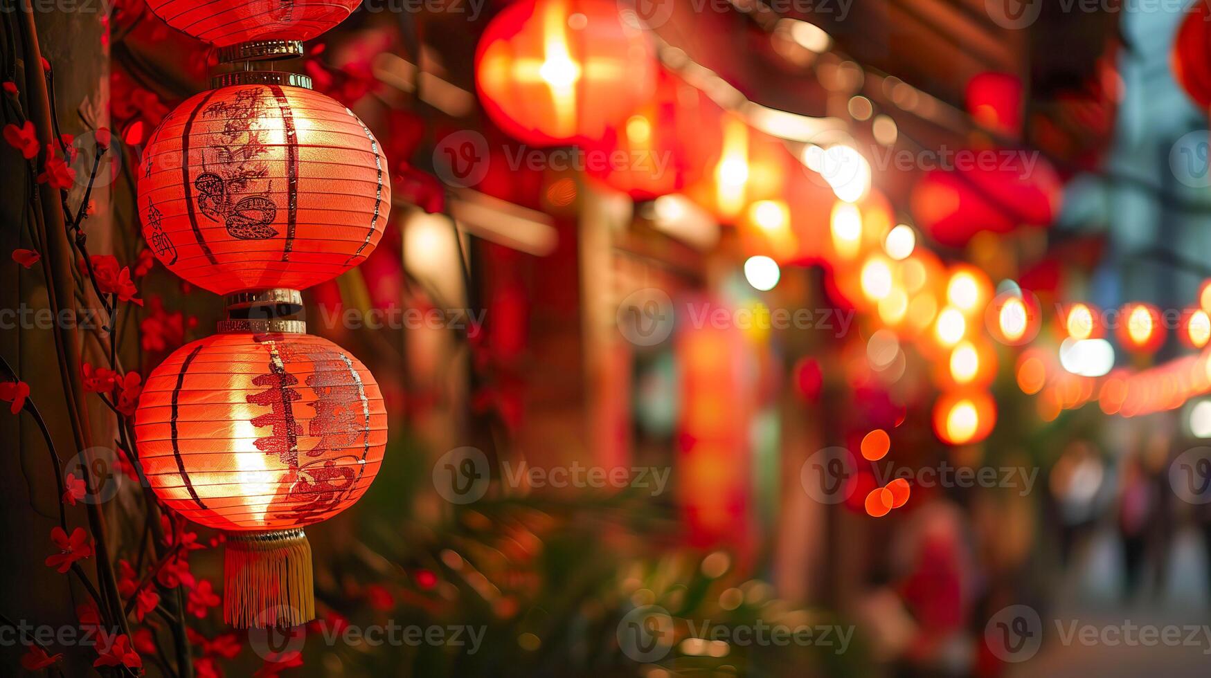 ai gegenereerd Chinese nieuw jaar lantaarns, levendig viering in Chinatown foto