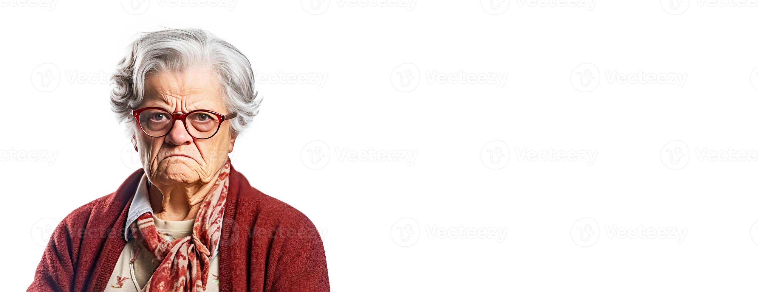 ai gegenereerd ouderen vrouw grootmoeder schreeuwt in boos woede, agressief teleurgesteld, wit achtergrond isoleren. foto