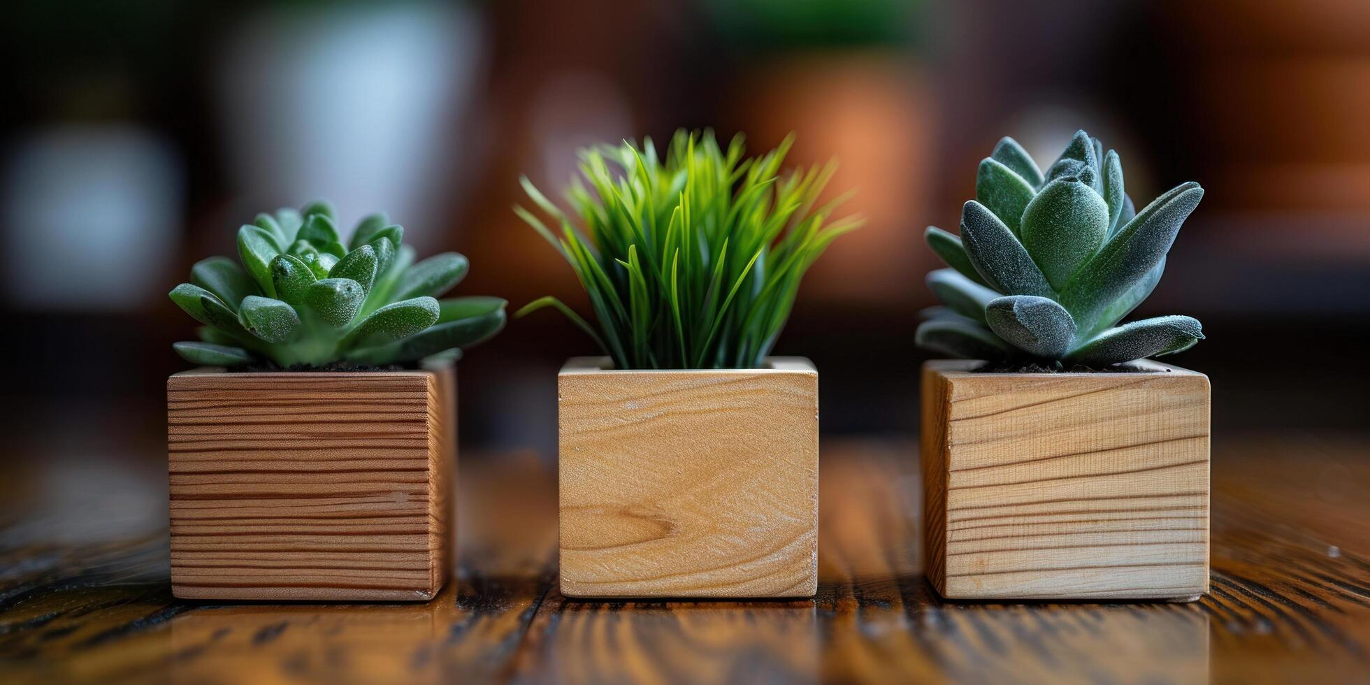 ai gegenereerd drie klein houten dozen met twee planten in de midden- foto