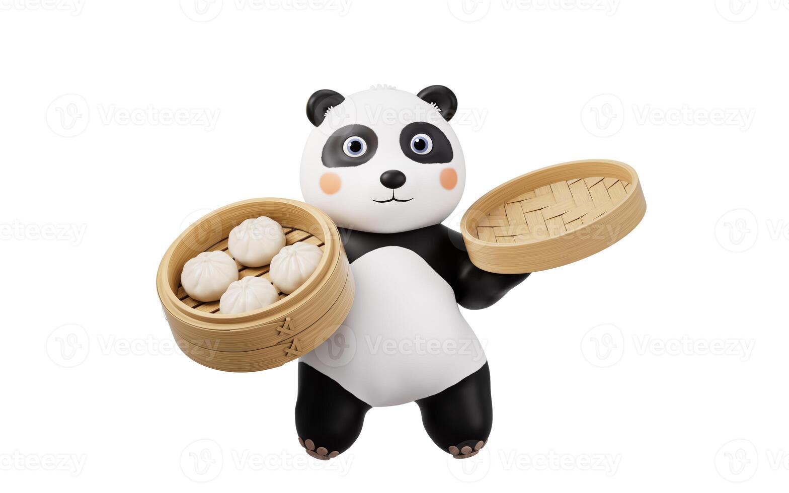 tekenfilm panda en Chinese voedsel baozi, 3d weergave. foto