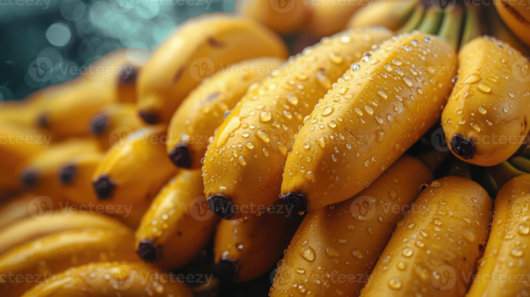 ai gegenereerd vers banaan fruit dichtbij omhoog met water druppels. foto