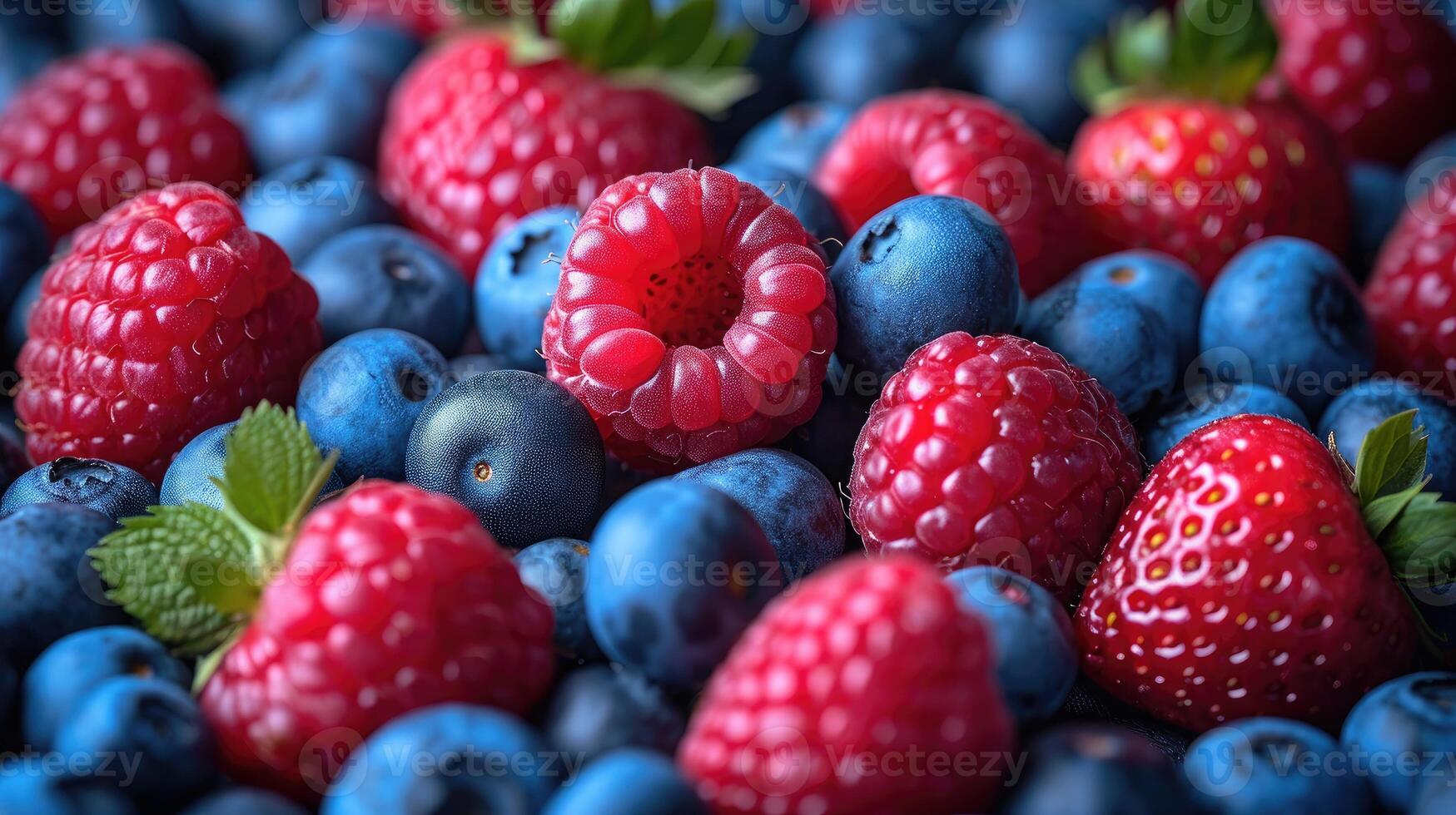 ai gegenereerd mengen van bessen zo net zo aardbeien, bosbessen, en frambozen geregeld kunstzinnig voor een barsten van kleur achtergrond. foto