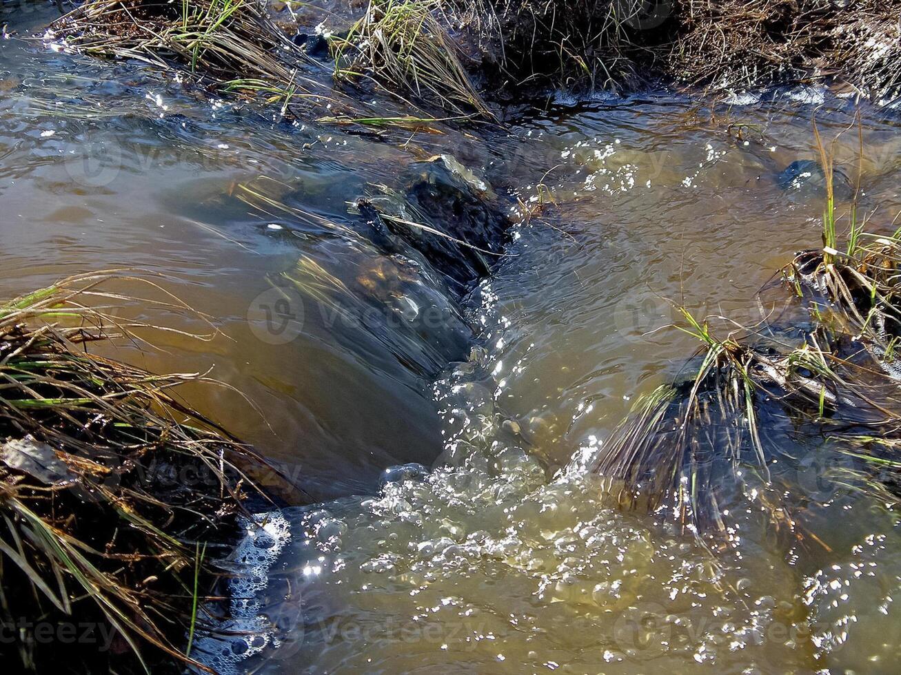 streams van water in een klein rivier. de stromen van water. foto