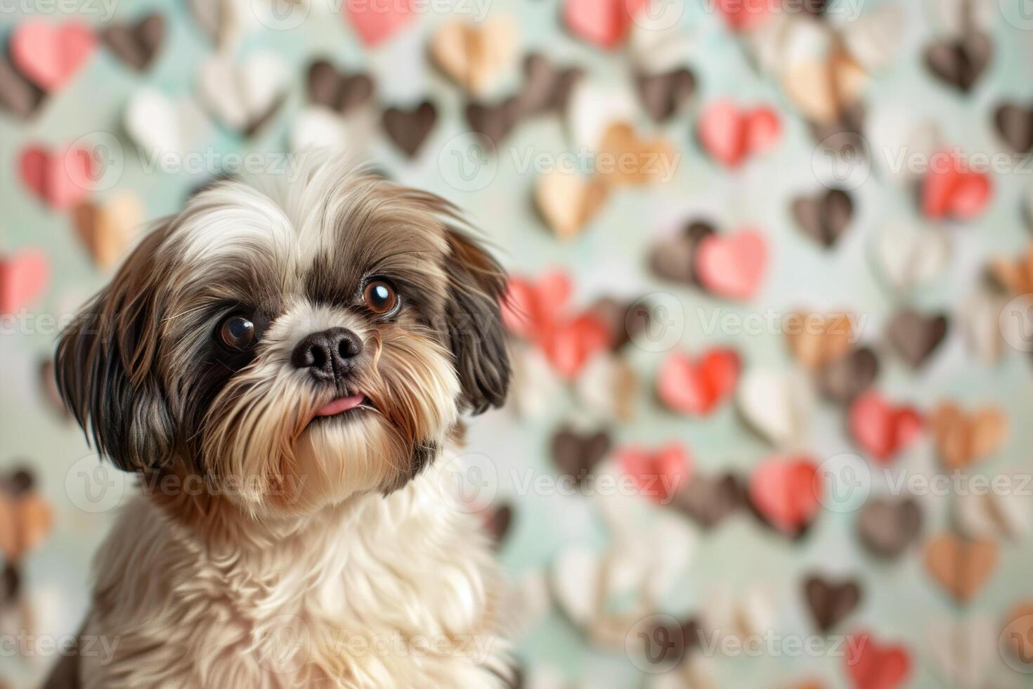 ai gegenereerd een schattig shih tzu hond tegen een backdrop gevulde met veelkleurig hart vormig papier achtergrond. generatief ai. foto