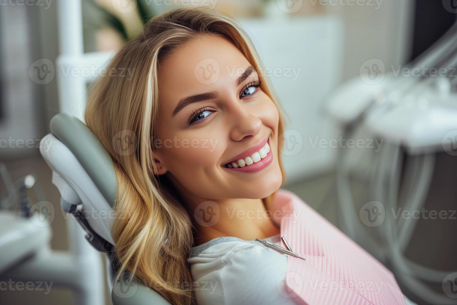 ai gegenereerd glimlachen mooi jong blond vrouw in een tandheelkundig stoel. mooi Rechtdoor tanden, tandheelkundig examen of kunstmatig procedure foto