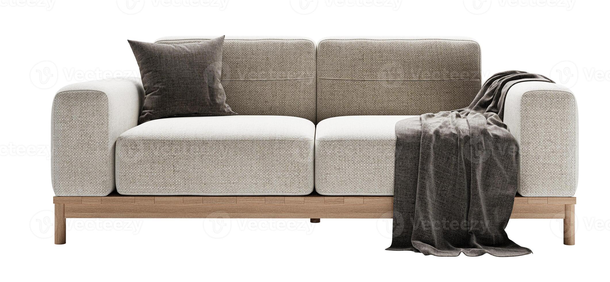 modern en comfortabel wit sofa met kussen en deken geïsoleerd Aan wit achtergrond. meubilair voor leven kamer interieur. ontwerp element. foto