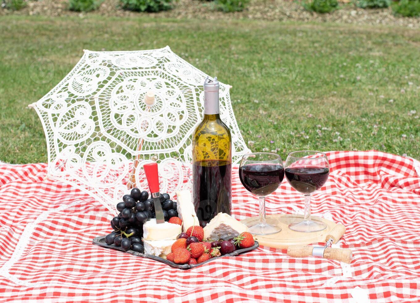zomer picknick Aan een groen gazon met rood wijn, kaas en vers bessen, druiven foto