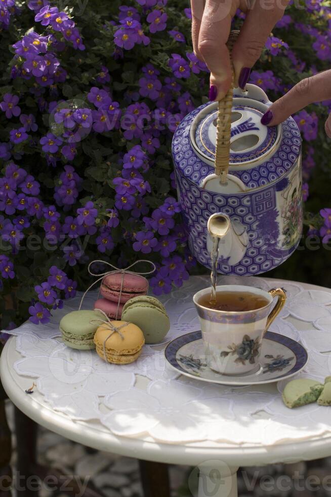 buitenshuis picknick met een kop van kruiden thee en bitterkoekjes taarten, een vrouw hand- giet foto