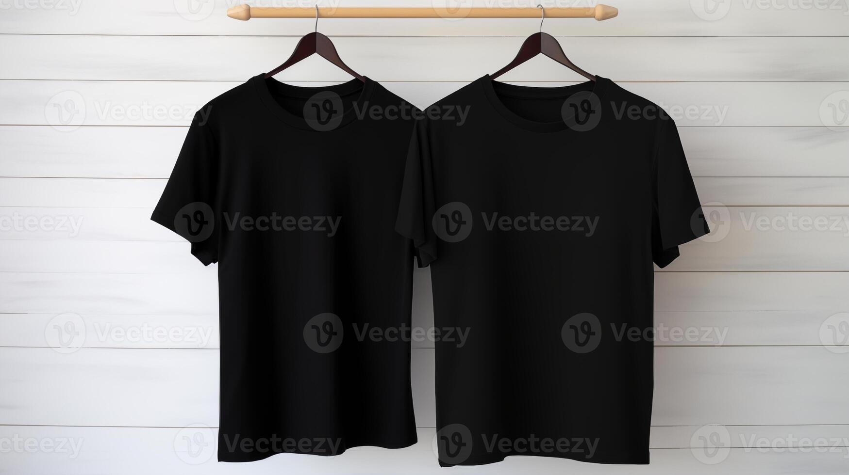 ai gegenereerd twee zwart t-shirts hangende Aan een hanger, wit achtergrond, kleding op te slaan advertentie foto