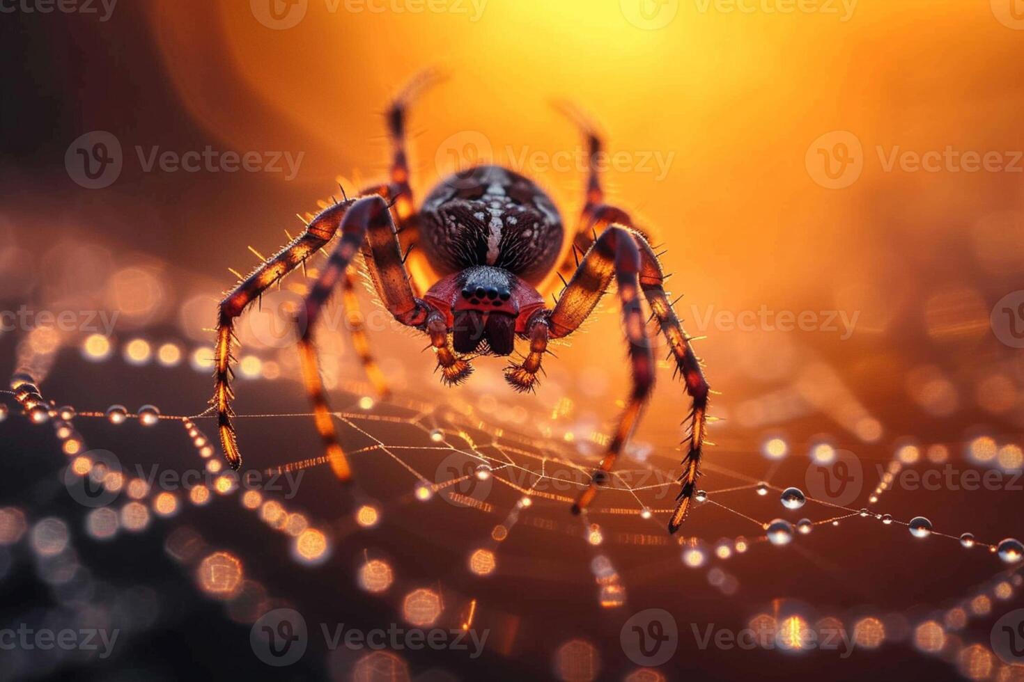 ai gegenereerd spin kruipt Aan een bedauwd web, aftekenen tegen een zonsondergang foto