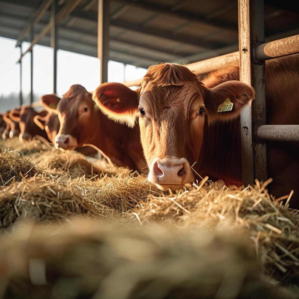 ai gegenereerd vlees productie rundvlees vee vredig voeden Aan hooi in stal voor sociaal media post grootte foto