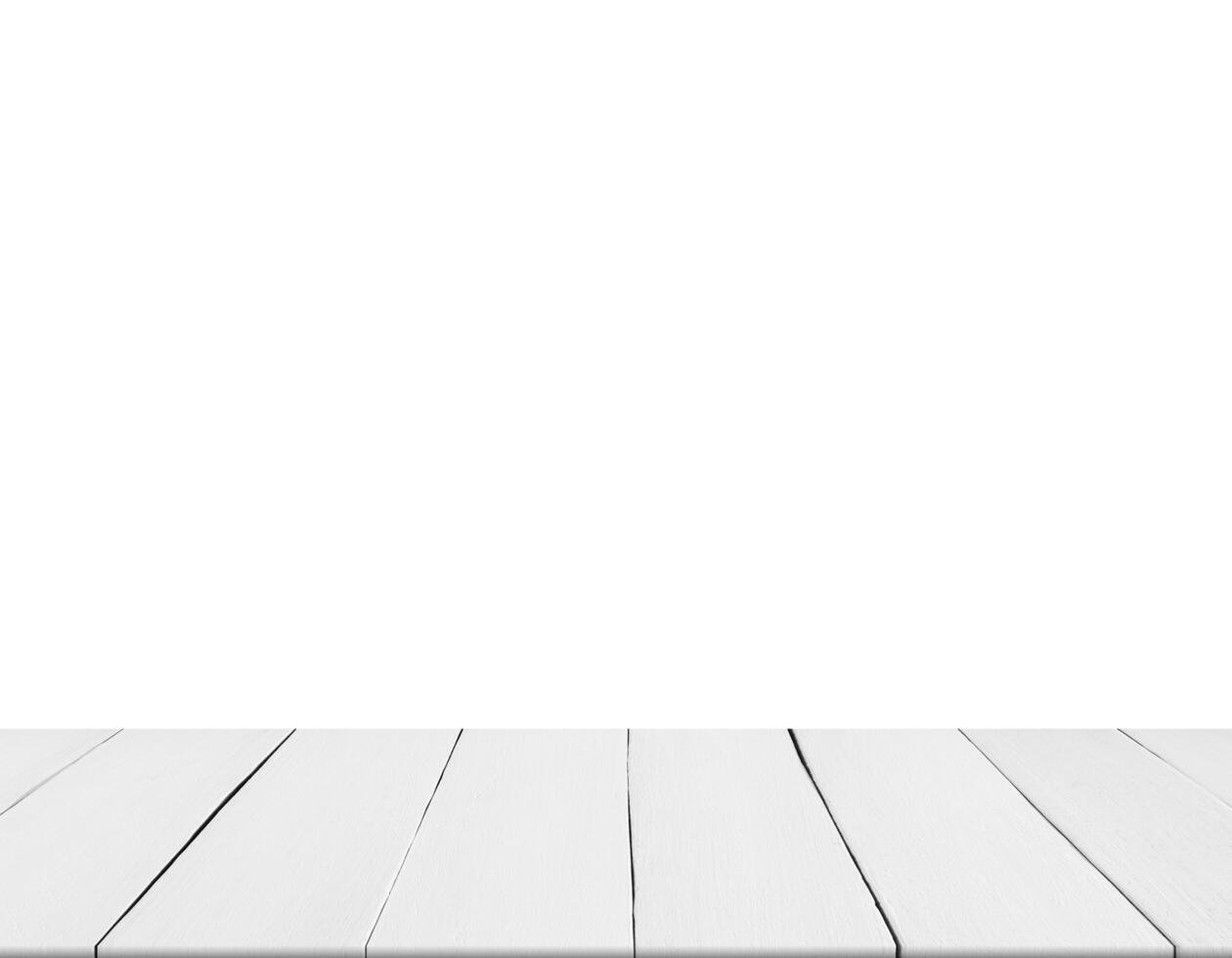 leeg wit houten tafel top geïsoleerd Aan wit, Product Scherm achtergrond foto