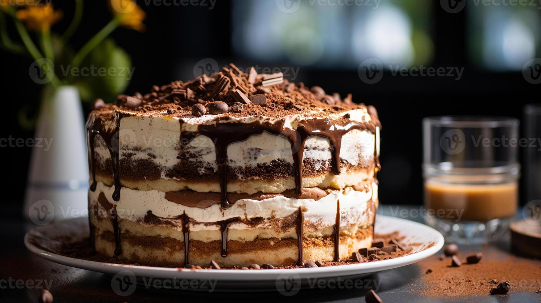 ai gegenereerd tiramisu taart met de espresso gedrenkt lagen en chocola krullen Aan een glas taart stellage, artistiek schot foto