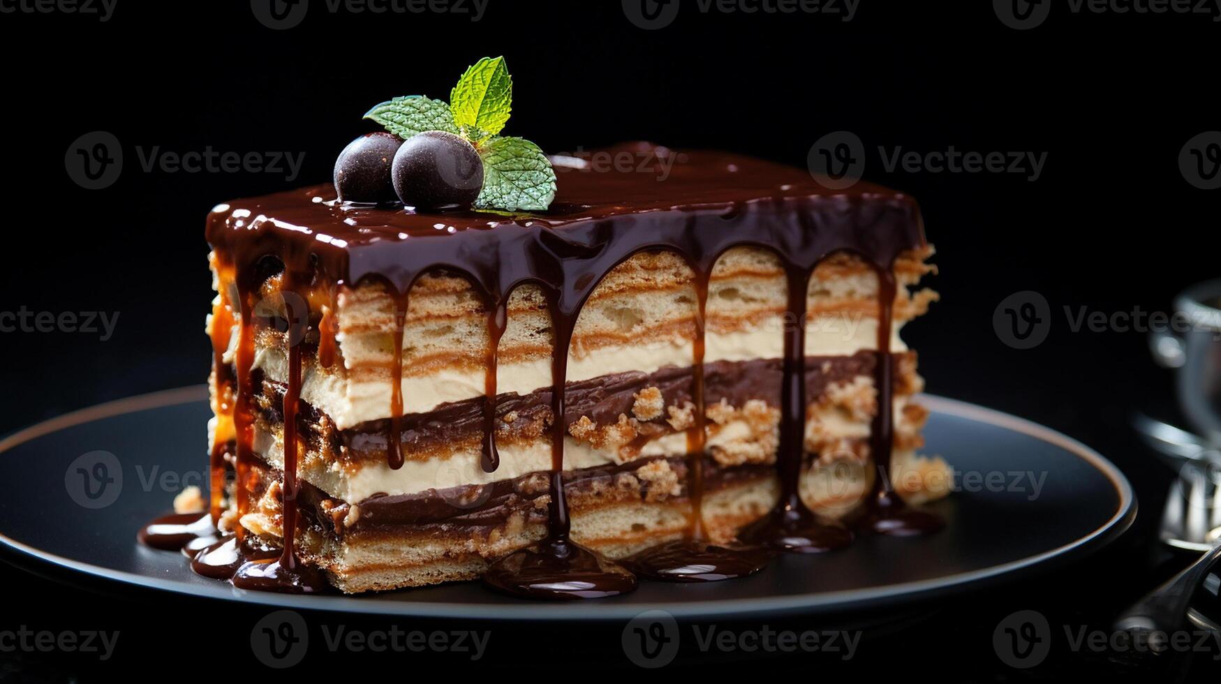 ai gegenereerd opera taart met chocola glazuur en lagen van amandel zichtbaar van de kant reeks tegen een zwart achtergrond, macro schot foto
