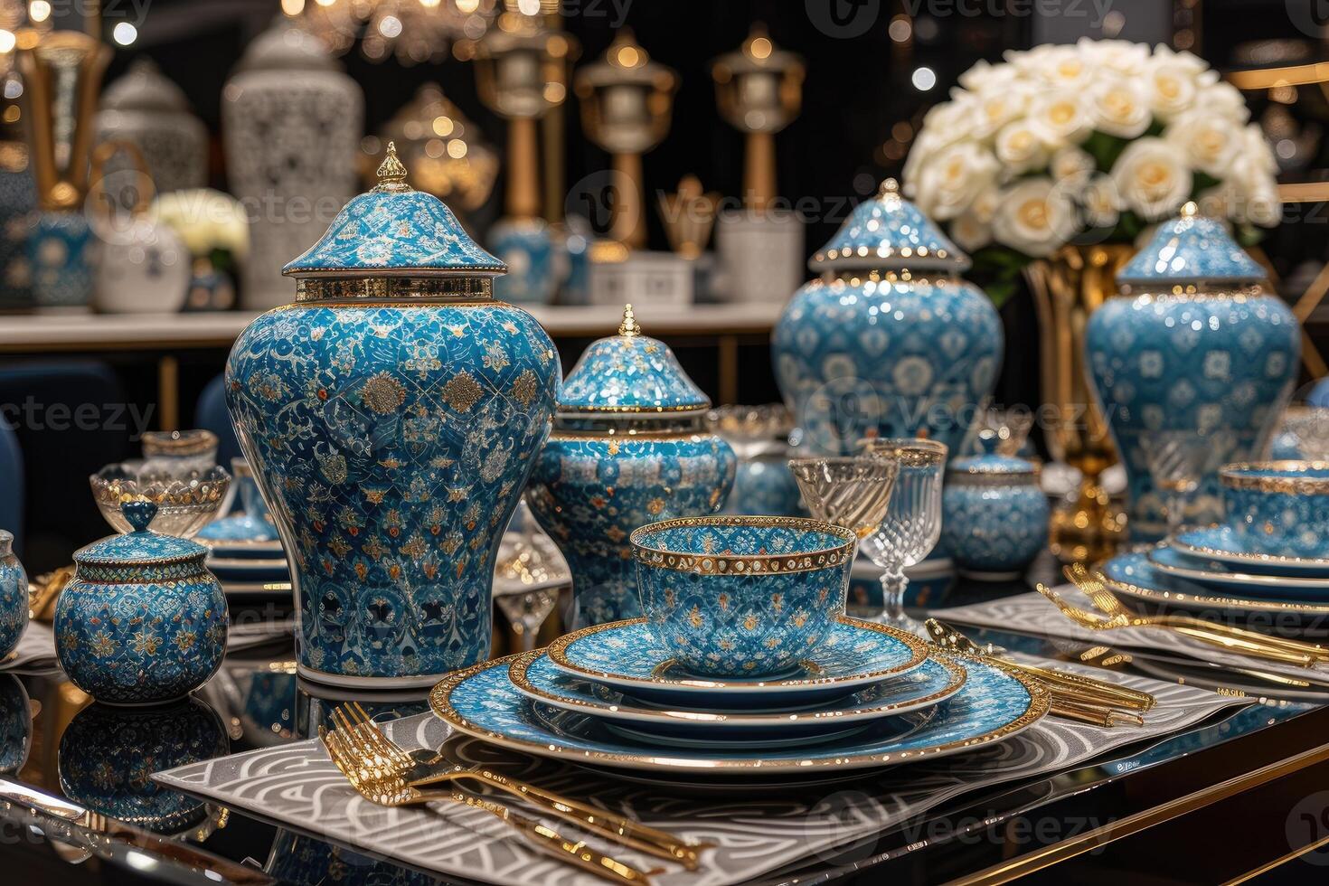 ai gegenereerd dining tafel met Ramadan gevoel decoratie heilig maand van Ramadan concept professioneel reclame voedsel fotografie foto