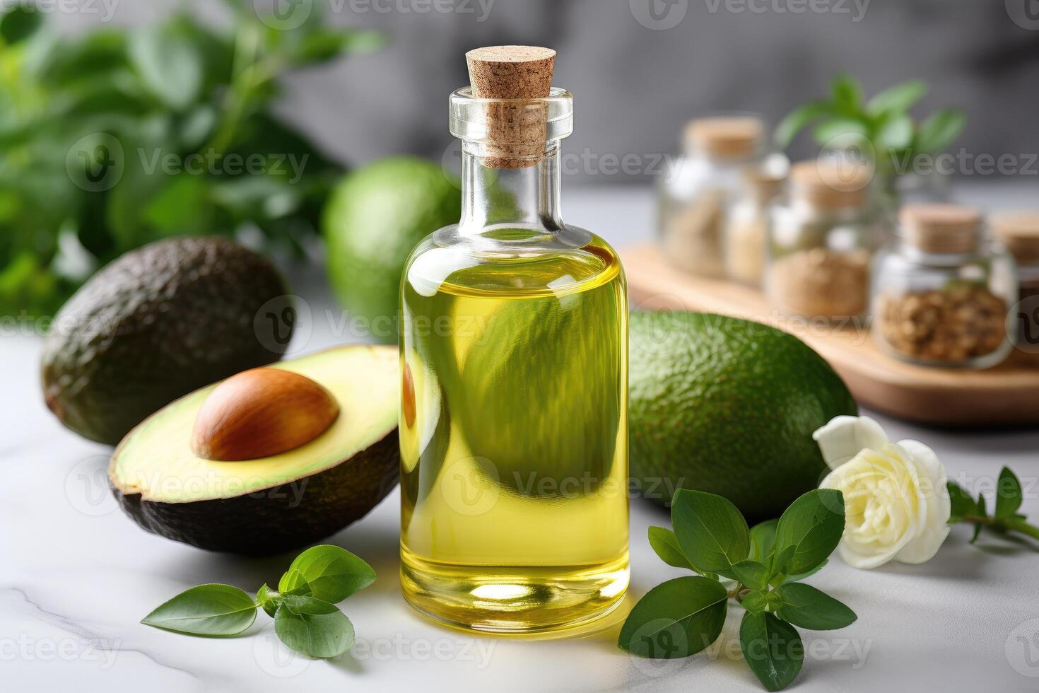 ai gegenereerd avocado olie extract met geïsoleerd keuken tafel professioneel reclame voedsel fotografie foto