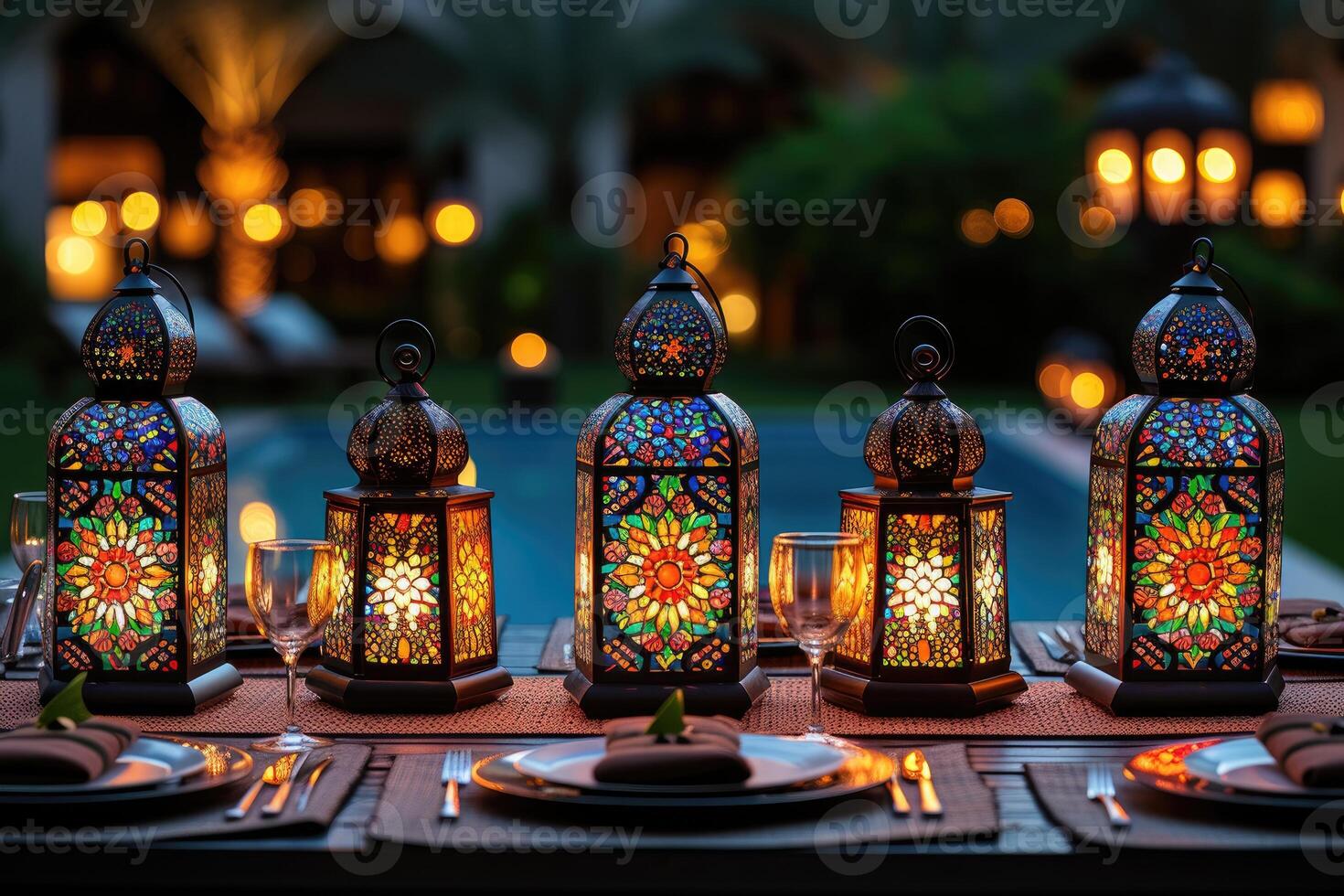 ai gegenereerd dining tafel met Ramadan gevoel decoratie heilig maand van Ramadan concept professioneel reclame voedsel fotografie foto