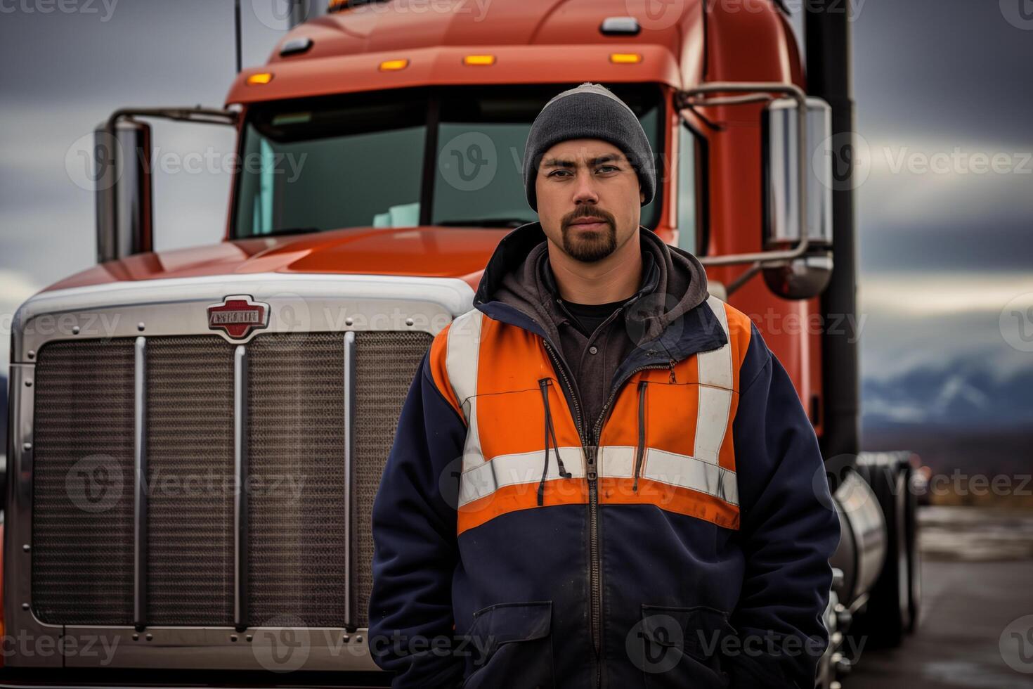 ai gegenereerd portret van bestuurder Mens vrachtauto auto klaar reizen. logistiek centrum lading vrachtwagens vervoer Verzending vrachtwagen levering vracht weg. foto