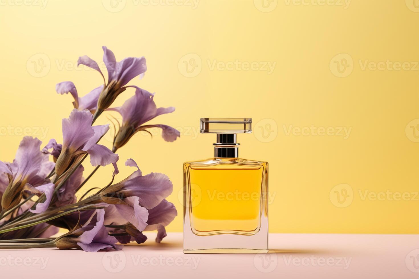 ai gegenereerd glas elegant parfum fles mockup Aan geel achtergrond met Purper iris bloemen. aantrekkingskracht advertentie banier, kopiëren ruimte. foto