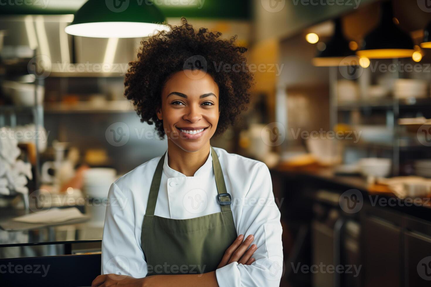 ai gegenereerd portret van een mooi afro Amerikaans vrouw chef manager glimlachen en poseren in een elegant restaurant keuken foto