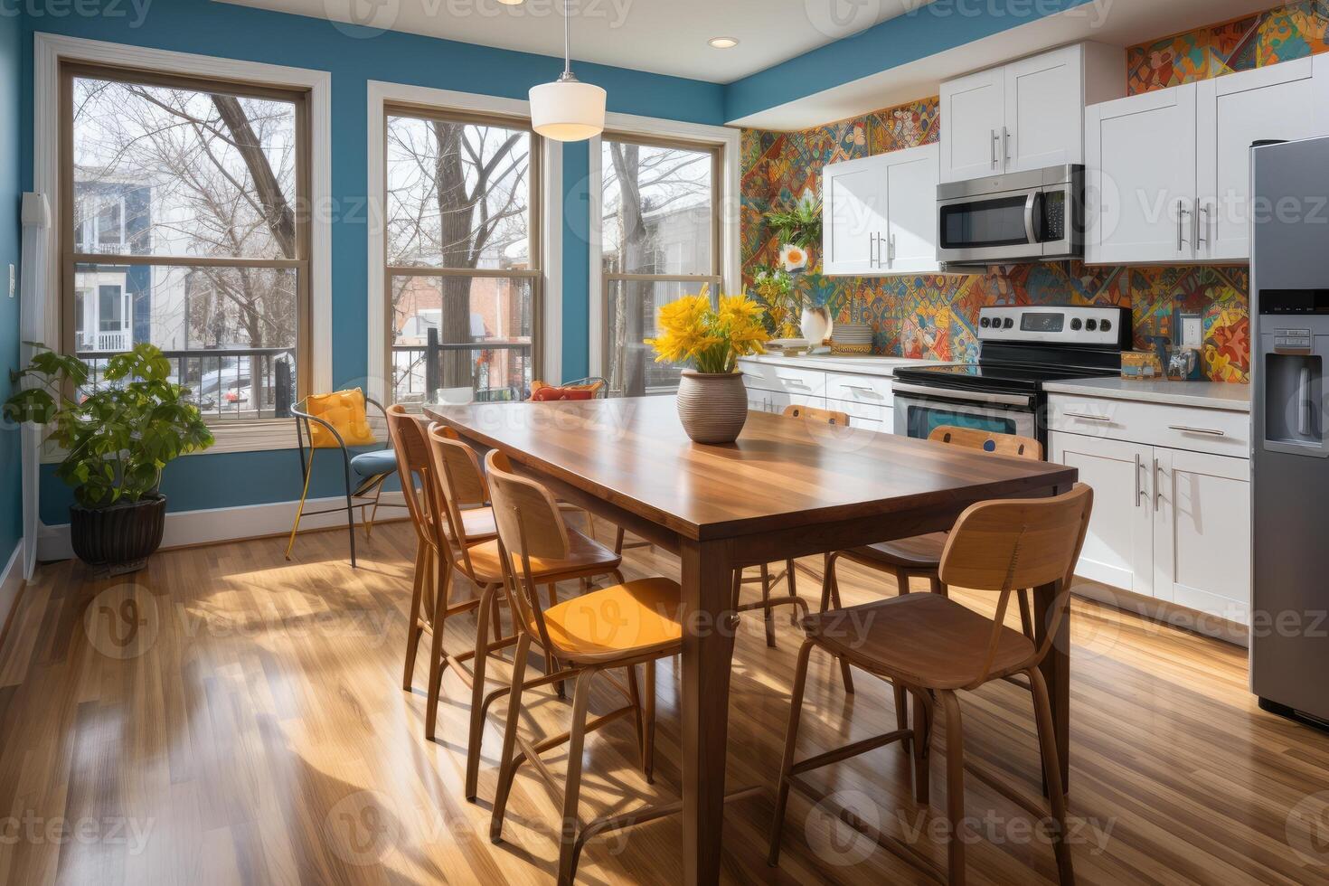 ai gegenereerd modern keuken met werkbladen kleurrijk en speels patronen interieur ontwerper professioneel reclame fotografie foto