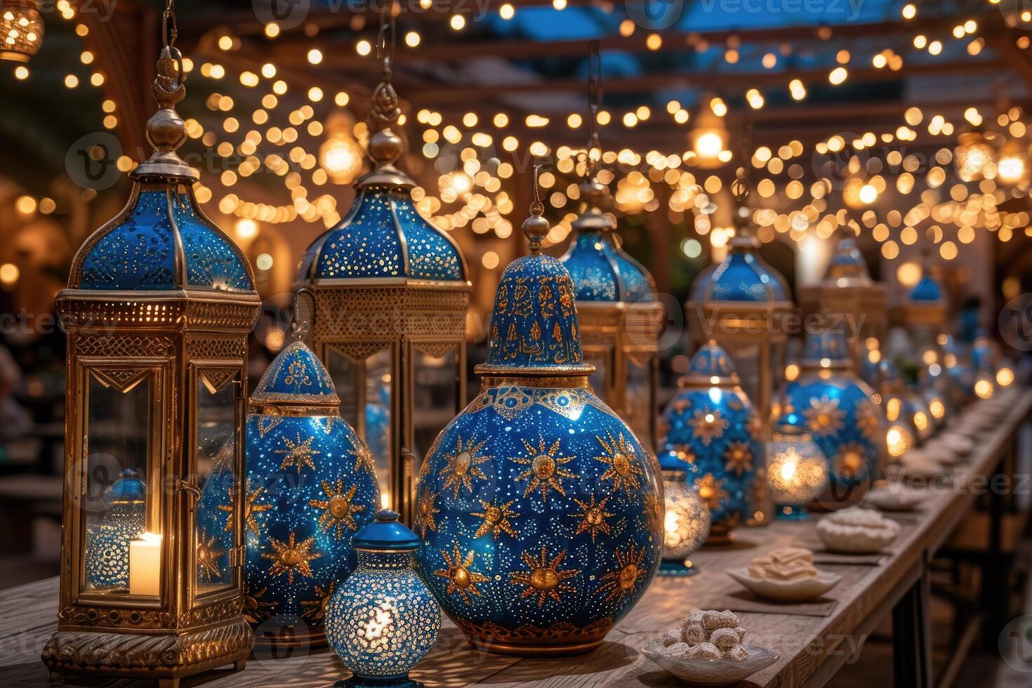 ai gegenereerd dining tafel met Ramadan gevoel decoratie heilig maand van Ramadan concept professioneel reclame voedsel fotografie foto