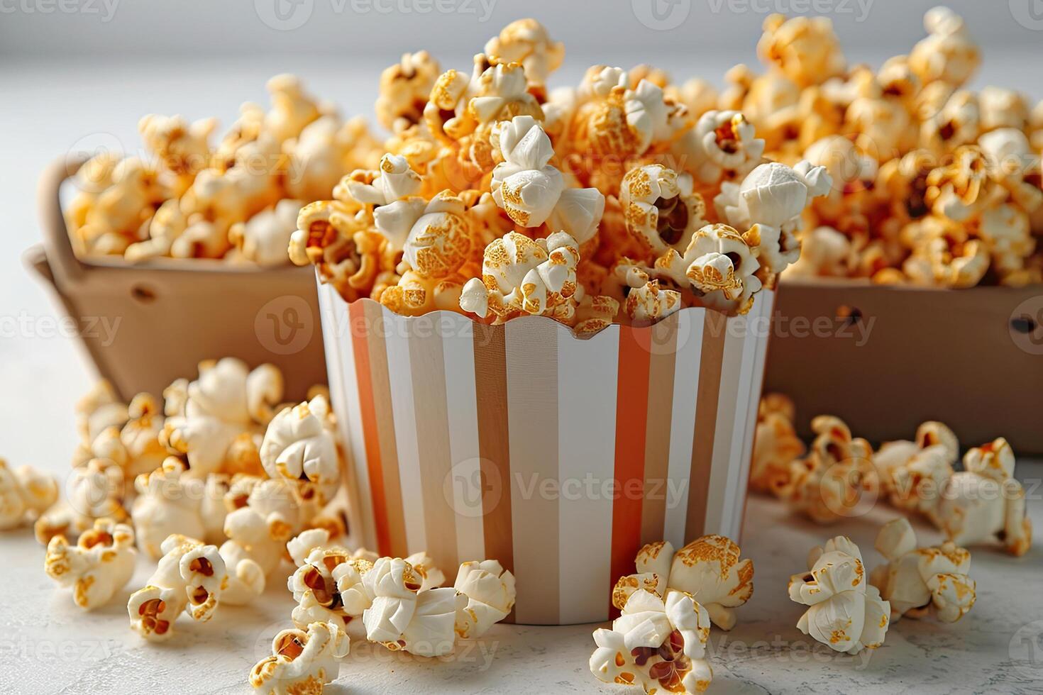 ai gegenereerd popcorn knallen in gestreept karton emmer professioneel reclame voedsel fotografie foto