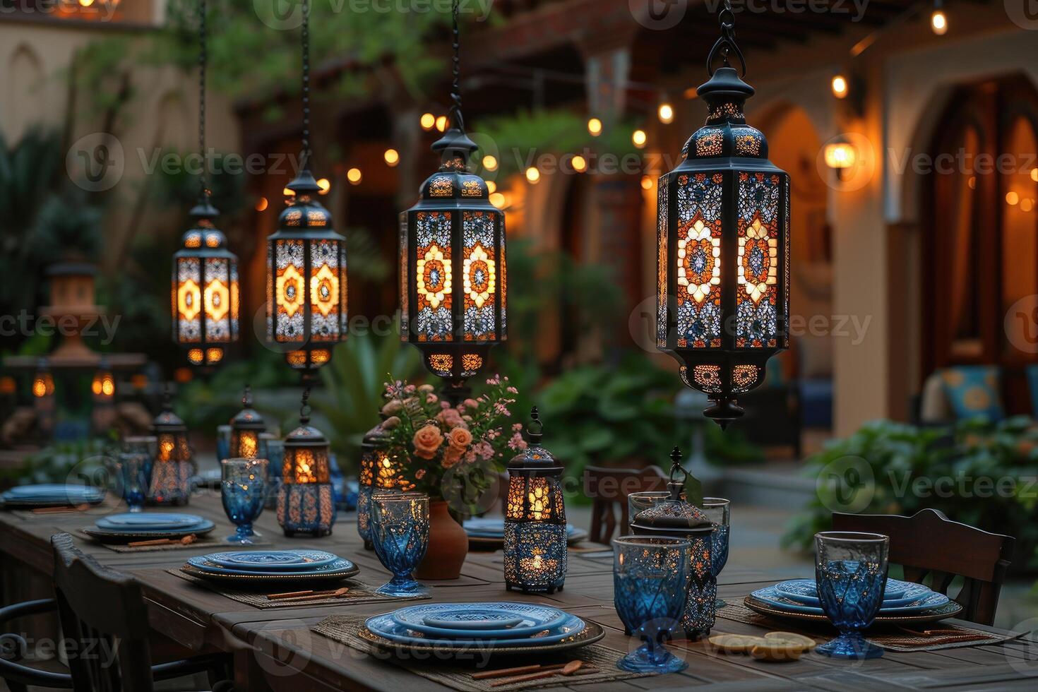 ai gegenereerd dining tafel met Ramadan gevoel decoratie heilig maand van Ramadan concept professioneel reclame voedsel fotografie foto