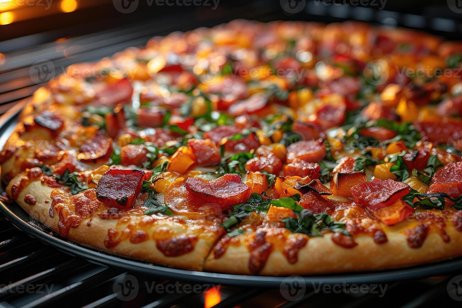 ai gegenereerd visie binnen de oven dienblad bakken pizza professioneel reclame voedsel fotografie foto