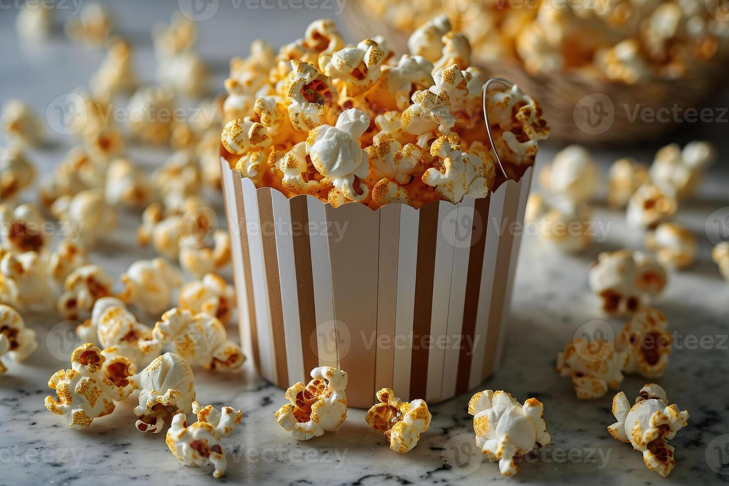 ai gegenereerd popcorn knallen in gestreept karton emmer professioneel reclame voedsel fotografie foto