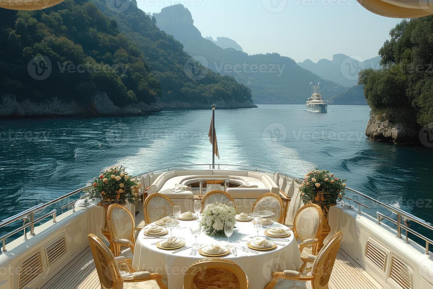 ai gegenereerd dining tafel Aan de bovenste dek luxe jacht professioneel reclame voedsel fotografie foto