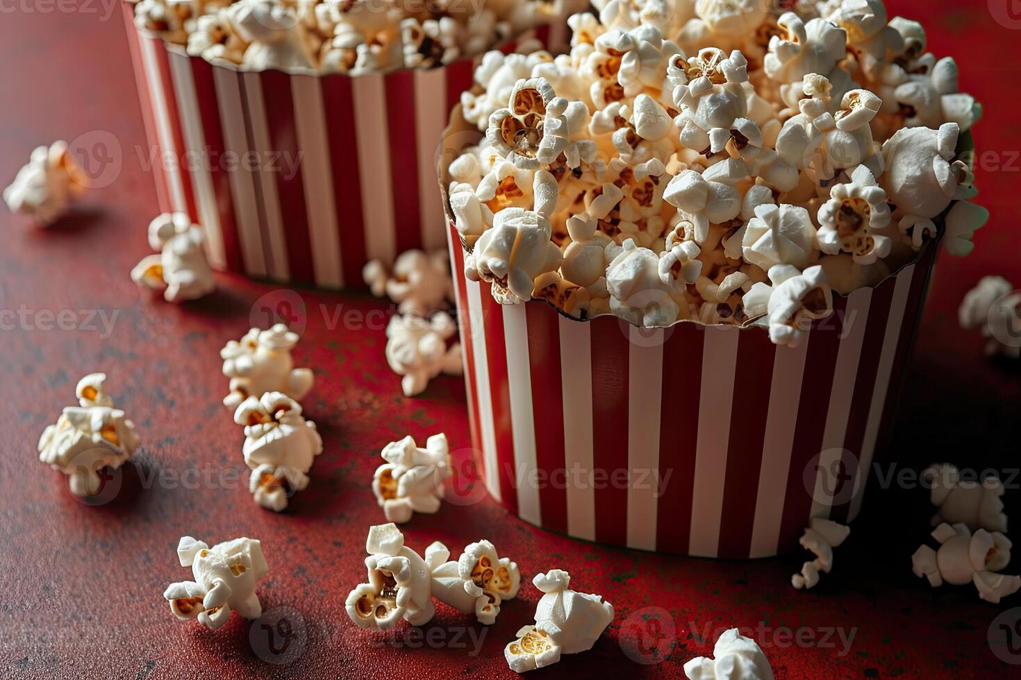 ai gegenereerd popcorn knallen in gestreept karton emmer professioneel reclame voedsel fotografie foto