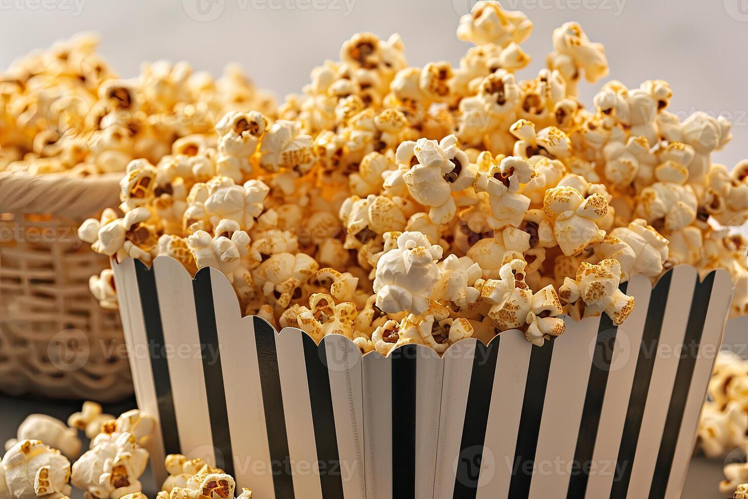 ai gegenereerd popcorn knallen in gestreept karton emmer professioneel reclame voedsel fotografie foto