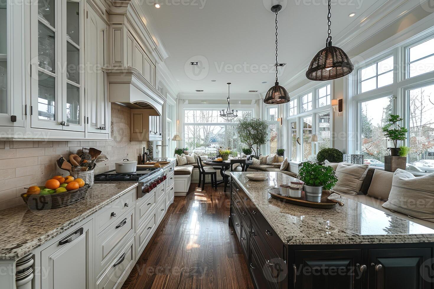 ai gegenereerd modern keuken ontwerp met houten vloeren interieur professioneel reclame fotografie foto