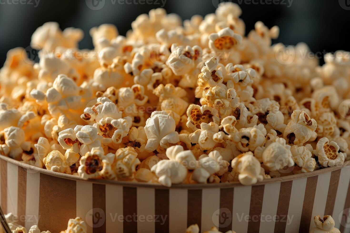 ai gegenereerd popcorn knallen in gestreept karton emmer professioneel reclame voedsel fotografie foto