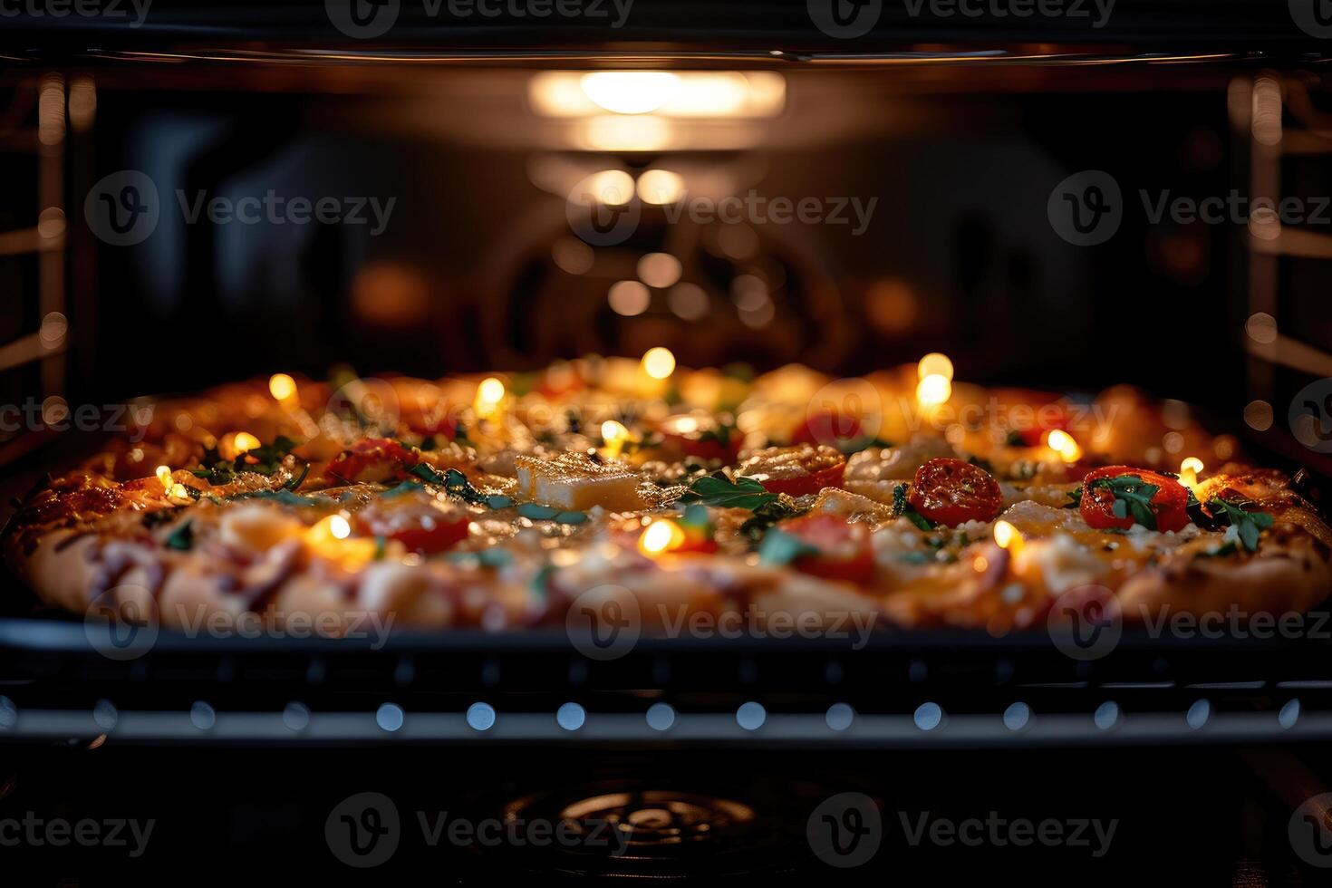 ai gegenereerd visie binnen de oven dienblad bakken pizza professioneel reclame voedsel fotografie foto