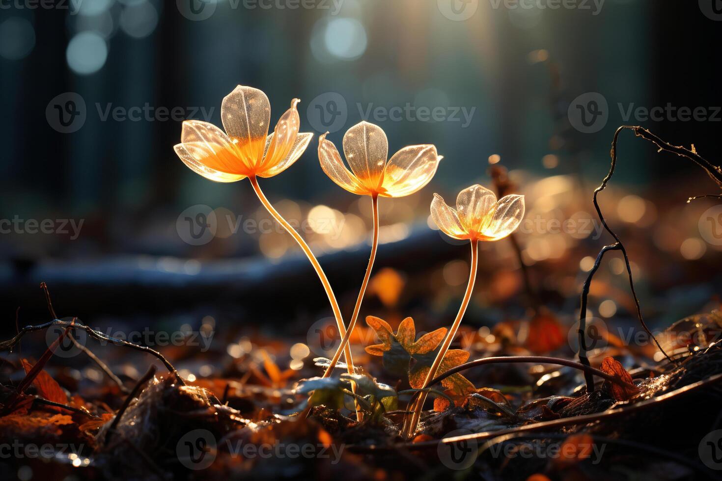 ai gegenereerd flora van Woud land- in de stralen van de zon detailopname in herfst, natuur ecologie. gegenereerd door kunstmatig intelligentie- foto