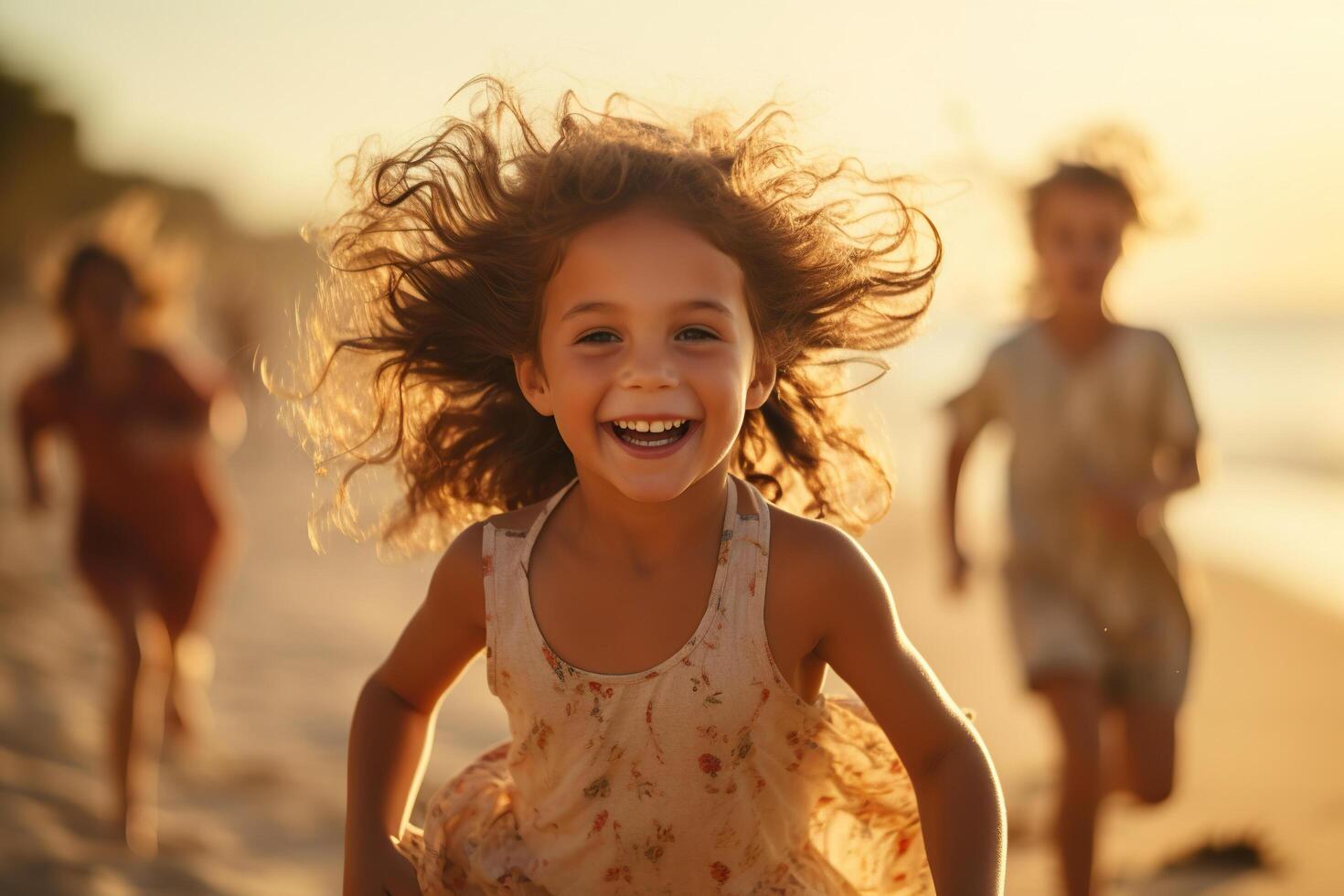 ai gegenereerd schattig weinig meisje hebben pret in spatten van water Aan de strand. kinderen spellen. gegenereerd door kunstmatig intelligentie- foto